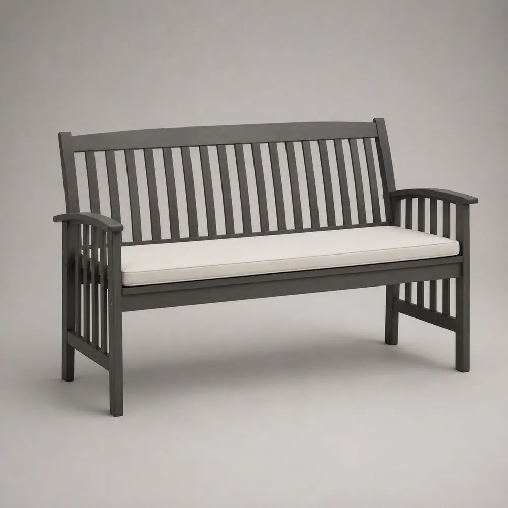 Panca da giardino da esterno a 3 posti in legno grigio antracite con cuscino crema, 150 x 62 x 90 cm