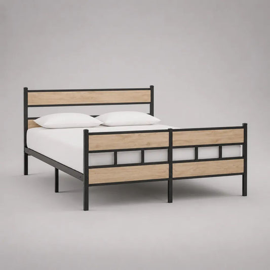 Letto matrimoniale 160 x 200 cm in acciaio e MDF, nero e rovere chiaro, 208 x 166 x 105 cm