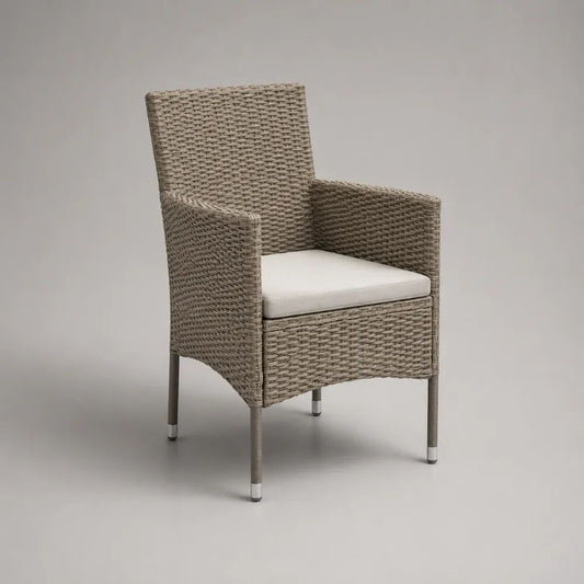 Sedia da giardino con braccioli in polyrattan PE tortora e cuscino crema, 58 x 60 x 88 cm
