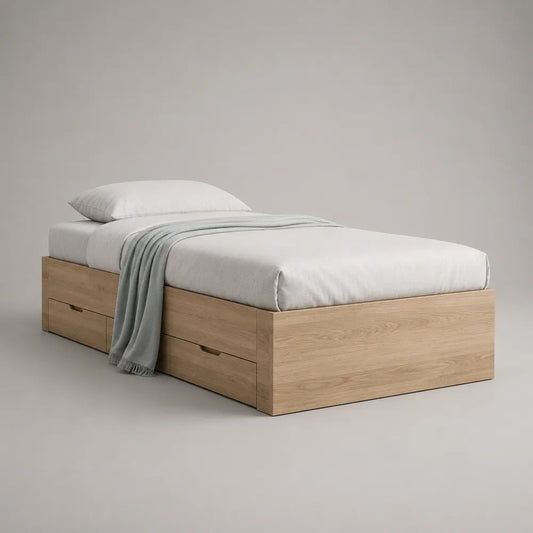 Letto singolo contenitore in legno effetto rovere naturale con 2 cassetti, per materasso 90 x 200 cm, dimensioni 205 x 96 x 45 cm