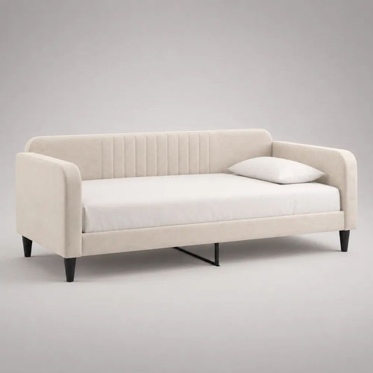 Letto singolo imbottito 90 x 190 cm in velluto beige e nero con schienale e braccioli, 211 x 101 x 86 cm