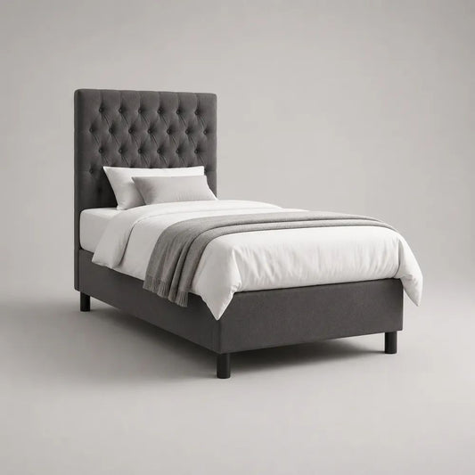 Letto singolo imbottito 90 x 200 cm in velluto di poliestere grigio con testiera capitonné e rete a doghe