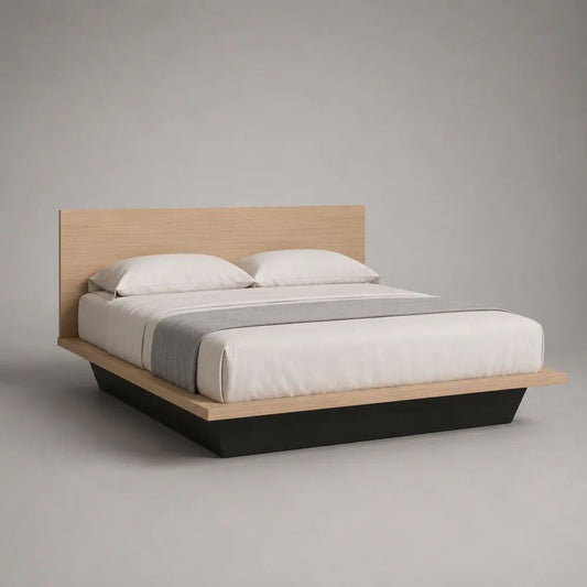 Letto matrimoniale a piattaforma 160 × 200 cm in MDF impiallacciato rovere con testiera rettangolare, rovere naturale e nero