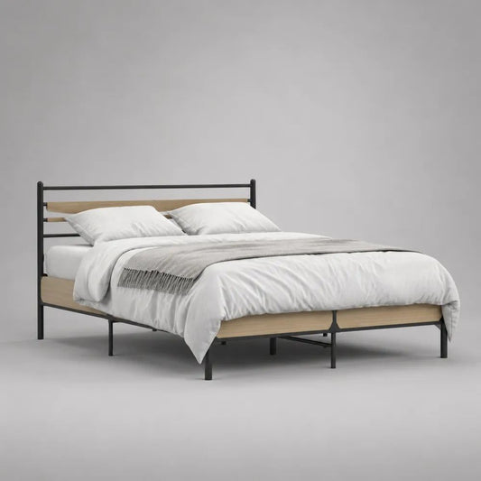 Letto matrimoniale 160 x 200 cm in acciaio e legno, nero e rovere naturale, 166 x 208 x 100 cm