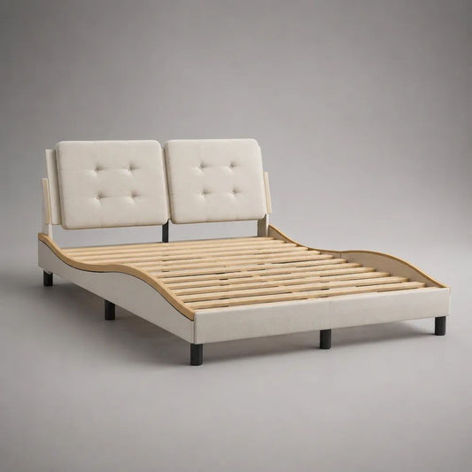 Letto matrimoniale imbottito beige 160 x 200 cm con rete a doghe e doppia testiera, 168 x 218 x 104 cm