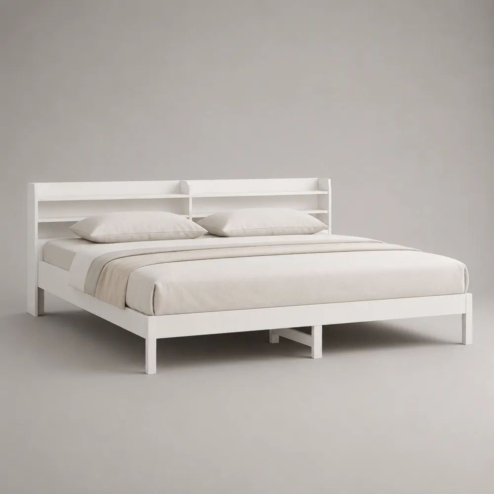Letto matrimoniale in legno bianco con testiera a ripiani, 168 x 218 x 105 cm, per materasso 160 x 200 cm