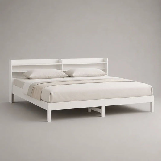 Letto matrimoniale in legno bianco con testiera a ripiani, 168 x 218 x 105 cm, per materasso 160 x 200 cm